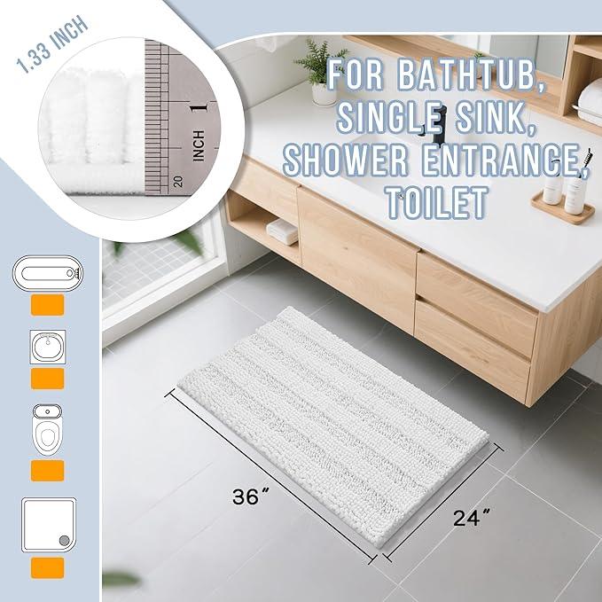 Yimobra Bathroom Rug Mat 36 x 24, Non Slip and Super Absorbent Bath Mat,Machine Washable Quick Dry,Ultra Plush Chenille Shower Rugs for Bathroom Floor Sink Tub and Shower Outside,White - ModernBath