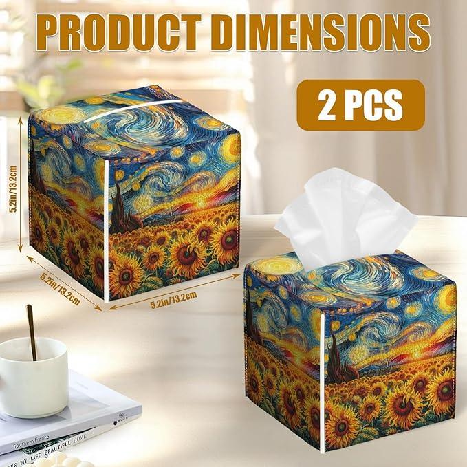 Starry Night Sunflower Tissue Box Cover 2PCS, Leather Tissue Box Holder Square Facial Paper Case Tissue Box Cube Organizer for Bathroom Bedroom Desk Office - ModernBath