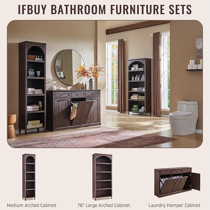 Triple Tilt Out Laundry Hamper Cabinet, 20 Gallon Farmhouse Trash Can Cabinet w/Drawer & Adjustable Shelf, Hidden Garbage Can Bin Cabinets w/Laundry Basket for Bathroom, Kitchen (Brown) - ModernBath