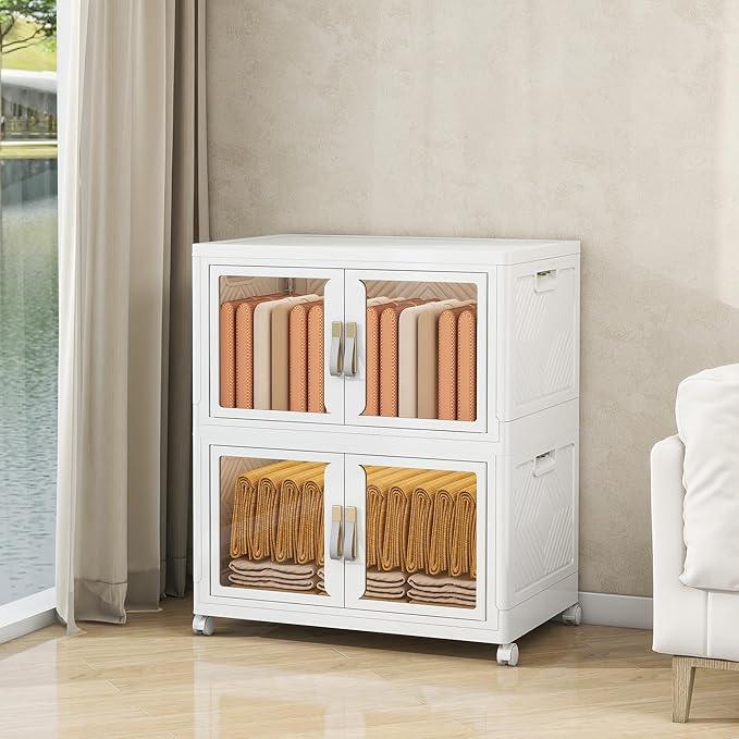 Large Stackable Storage Bins with Lids, 220QT-110QT*2Tier Foldable Cabinet for Closet Organizers, Plastic Storage Containers Box with Wheels - ModernBath
