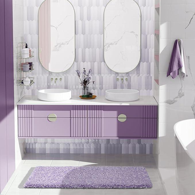 Yimobra Luxury Bathroom Rugs, Fluffy Bath Mats, Non Slip, Water Absorbent Microfiber, Machine Washable, Plush Runner Carpet Shower Rugs, Thick Matts for Bathroom Floor&Tub, 44"x 24", Purple and White - ModernBath