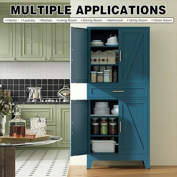 COFaR Farmhouse Storage Kitchen Pantry Cabinet with 4 Barn Door, 4 Adjustable Shelves, Drawer and Legs, for Cupboard/Dining Room/Bathroom/Living Room/Office/Laundry Room(Blue Green, 71" Metal Cabinet) - ModernBath
