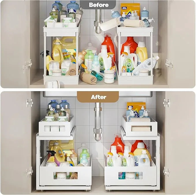 2 Pack Under Sink Organizer With Next-Gen Ball-Bearing Slides,2-Tier Pull Out Cabinet Storage,Height Adjustable Drawer Shelf for Bathroom,Kitchen,Laundry,Cabinet,Pantry(Patent Pending) - ModernBath