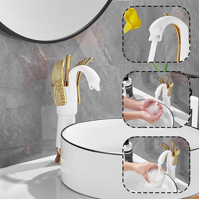 GGStudy Swan Shape Single Handle 1Hole Bathroom Vessel Sink Faucet Deck Mount Lavatory Sink Faucet Gold Mixed White - ModernBath