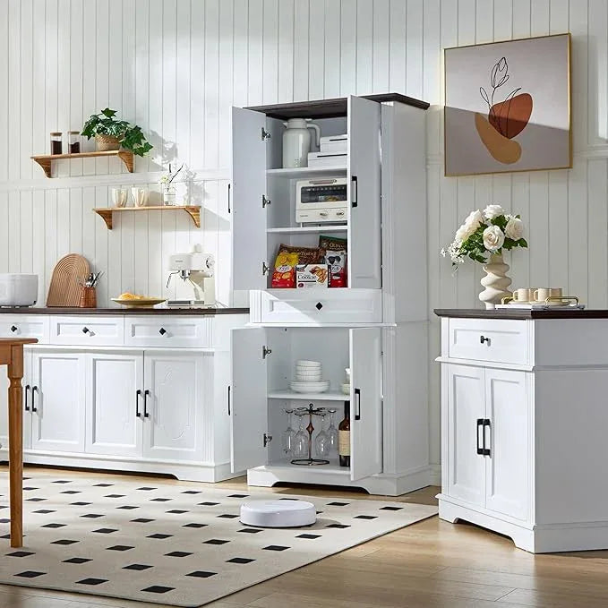 White Farmhouse Storage Cabinet with 2 Doors and 1 Drawer, Adjustable Shelf, Freestanding Kitchen Pantry Cabinet, Modern Buffet Sideboard Coffee Bar Cabinet Living Room Bathroom Dining Room - ModernBath