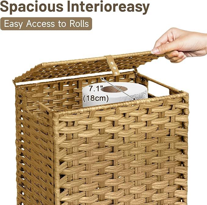 Hiagnete Toilet Paper Storage Basket with Lid and Wheels, Rattan Toilet Paper Holder Storage, Toilet Paper Organizer for Bathroom, Bedroom, Kitchen, 12.6”L x 7.1”W x 17.14”H, Naturall - ModernBath