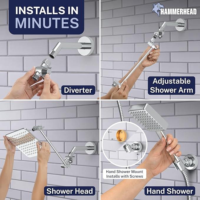 HammerHead® Solid Metal Dual Shower Head Combo — 8" Square Rain Shower Head with Handheld, 12" Adjustable Arm & Wall-Mount Holder for Flexible Installation — Chrome - ModernBath