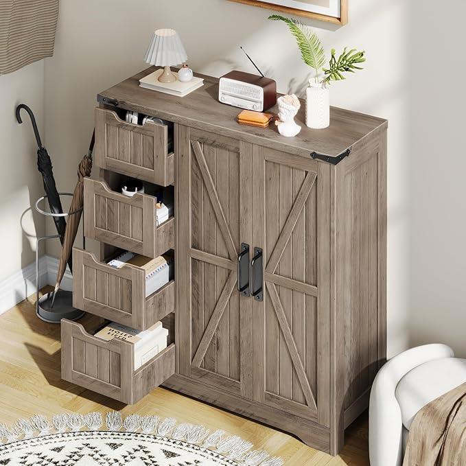Vabches Farmhouse Bathroom Cabinet, Freestanding Storage Cabinet with 4 Drawers and 2 Doors, Rustic Storage Organizer with Adjustable Shelf for Bathroom, Living Room, Entryway, Grey - ModernBath