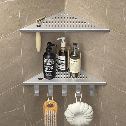 Grout in Shower Shelves with Hooks, 304 Stainless Steel Corner Bathroom Shelf for Tiled Wall (Brushed, 10'' x 10'') - ModernBath