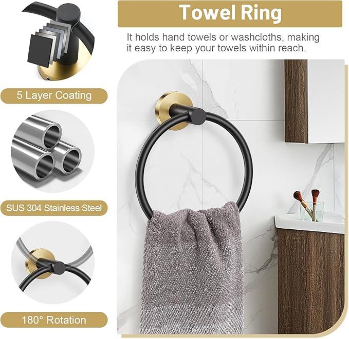 Black Gold Bathroom Hardware Set, 4-Piece Towel Holder Set Include Double Bases Toilet Paper Holder,Towel Ring and 2 Towel Hooks Stainless Steel Wall Mounted Bathroom Hardware Accessories Set - ModernBath