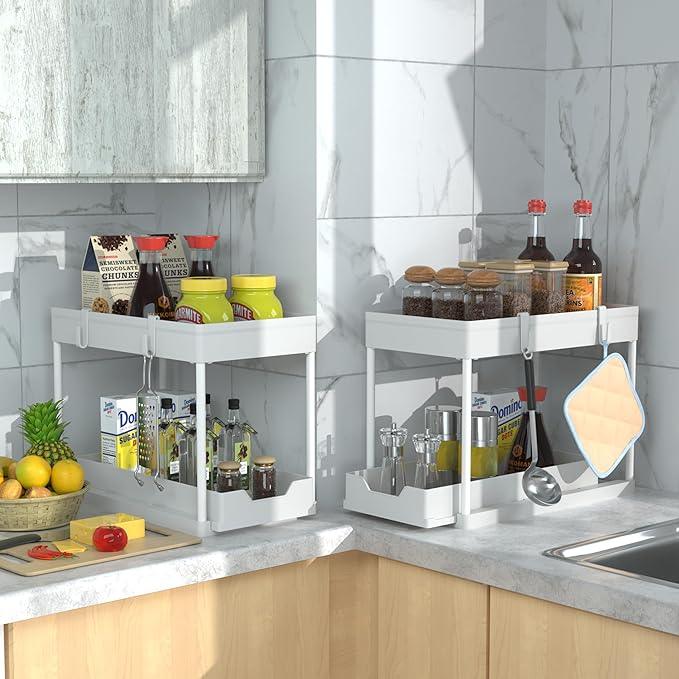 DEKAVA Cabinet, 2 Pack Under Sink Organizer, 2 Tier Sliding Bathroom Kitchen Organizer, Large White ABS Baskets, Easy Install & Clean - ModernBath