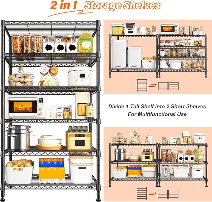 REIBII 6 Tier Shelf Metal Shelving 70"H Storage Shelves Sturdy Wire Rack Shelf Units Adjustable Detachable Storage Shelving Unit for Kitchen Laundry Pantry Garage Commercial 71"H x 21.65"W x 11.8"D - ModernBath