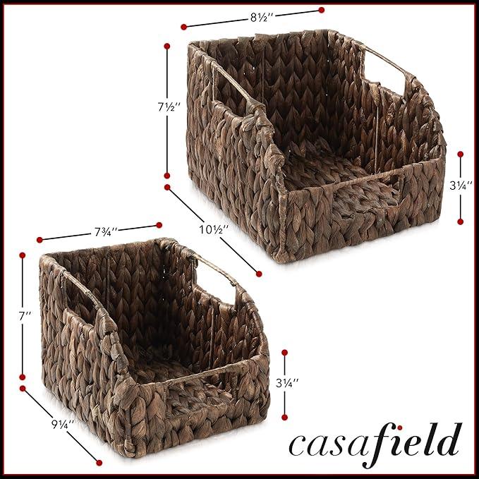 Casafield Set of 2 Water Hyacinth Pantry Baskets with Handles - Espresso, Woven Storage Bin Organizers for Kitchen Shelves, Medium and Large Sizes - ModernBath