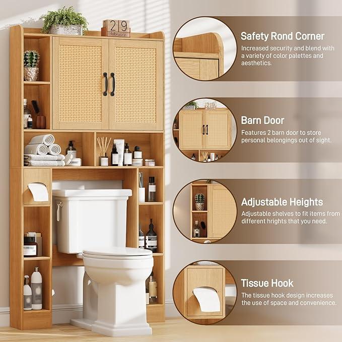 Vabches Farmhouse Style Rattan Over-The-Toilet Storage Cabinet with 2 Rattan Doors, Toilet Paper Holder - Space-Saving Oak Bathroom Organizer. - ModernBath