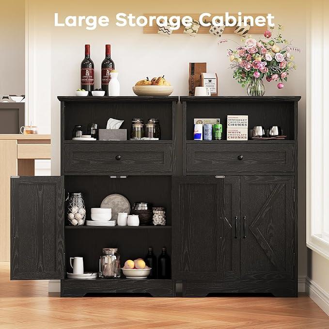 Floor Cabinet, Farmhouse Storage Cabinet with Barn Doors and Drawer, 11.81" D x 23.62" W x 39.37" H Black Freestanding Adjustable Shelf Organizer for Bathroom, Kitchen, Living Room - ModernBath
