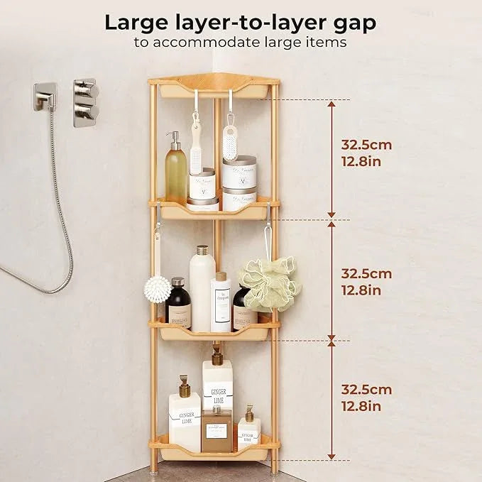 Orimade Rustproof 4 Tier Floor Standing Corner Shower Caddy Organizer, Plastic Aluminum Splicing Floor Corner Shelf Rack Storage Stands for Bathroom, Wood Grain Surface - ModernBath