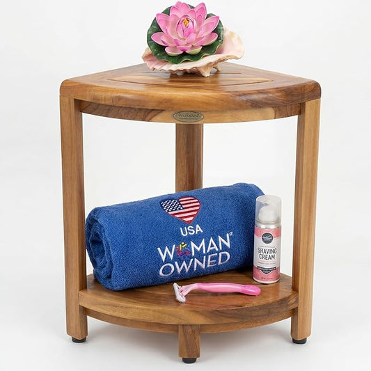 DecoTeak Teak Corner Shower Shelf – 2 Tier Waterproof Bathroom Storage Organizer Compact Wood Storage | Water-Resistant Design | Space Saver for Showers & Small Bathrooms | Shaving Foot Rest