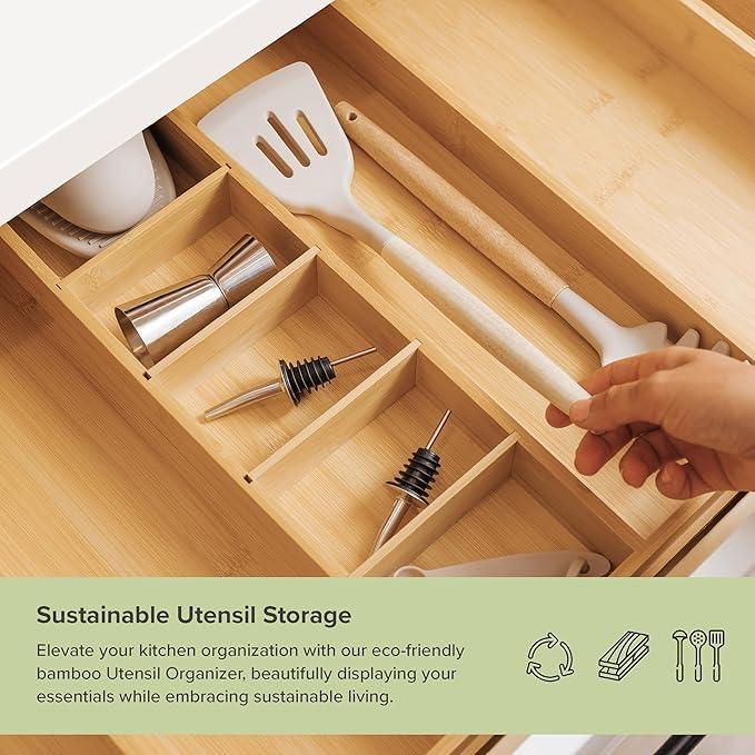 KitchenEdge Adjustable Bamboo Kitchen Drawer Organizer for Utensils and Junk, Expandable to 28 inches Wide, 9 Compartments - ModernBath