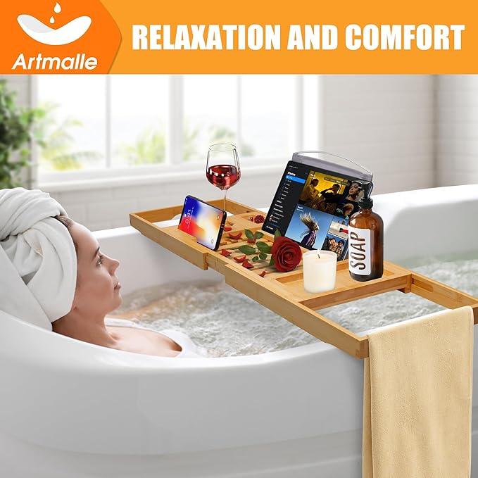 Artmalle Luxury Bathtub Caddy Tray for Tub - Foldable Bamboo Bath Table Tray with Book and Wine Glass Holder, Expandable Bathroom Accessories for Spa or Reading Lite Style - ModernBath