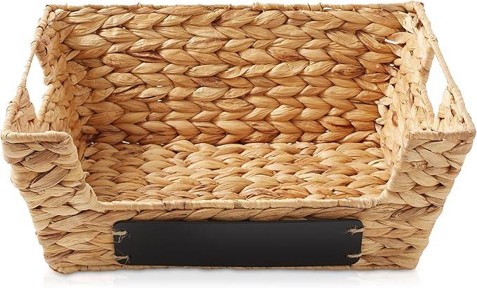 Casafield Set of 2 Water Hyacinth Pantry Baskets with Handles, Chalkboard Labels, and Marker - Natural, Wide Woven Storage Bin Organizers for Kitchen Shelves - ModernBath