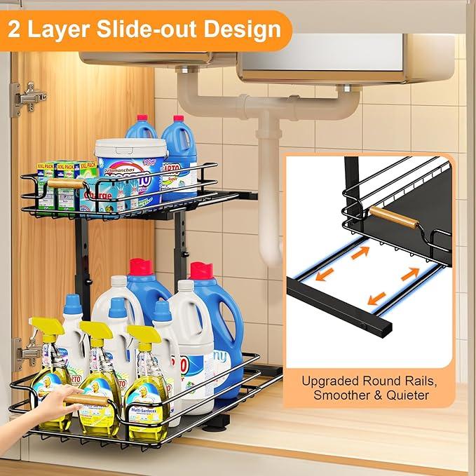 JYPS 2 Pack Under Sink Organizer, 2 Tier Pull out Under Kitchen Bathroom Sink Organizer and Storage, Metal Sliding Drawer for Cabinet Pantry Undersink Organizers Shelf - ModernBath