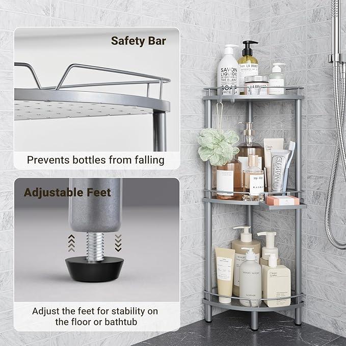 ELYKEN Corner Shower Caddy Standing, 3 Tier Rustproof Metal Shower Organizer with Soap Holder, Floor Shower Corner Shelf Rack Storage Stands with Adjustable Feet & 2 Hooks for Bathroom, Silver - ModernBath