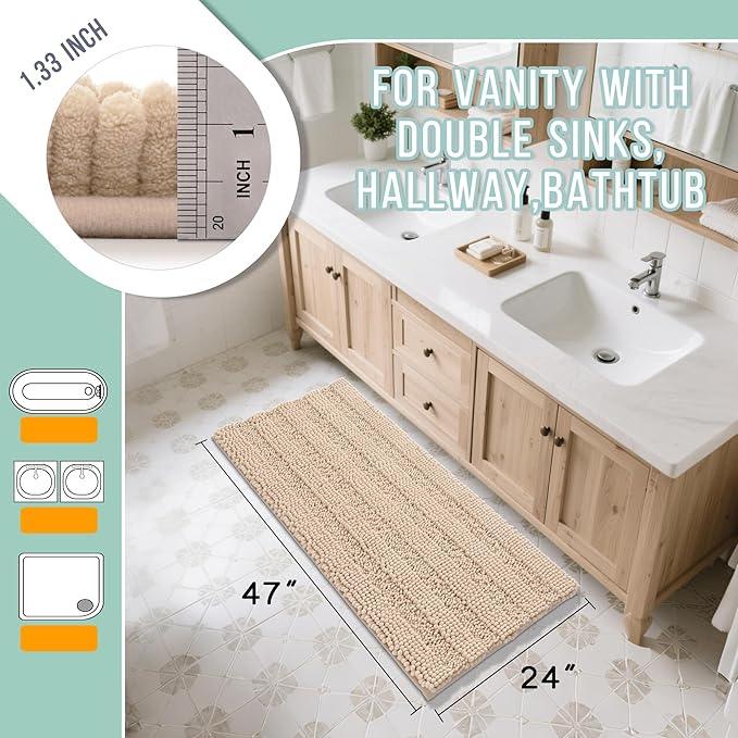 Yimobra Bathroom Rug Mat 47 x 24, Non Slip and Super Absorbent Bath Mat,Machine Washable Quick Dry,Ultra Plush Chenille Shower Rugs for Bathroom Floor Sink Tub and Shower Outside, Beige - ModernBath