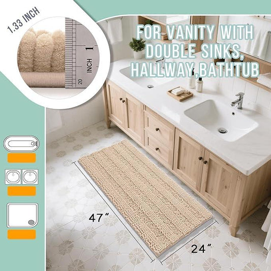 Yimobra Bathroom Rug Mat 47 x 24, Non Slip and Super Absorbent Bath Mat,Machine Washable Quick Dry,Ultra Plush Chenille Shower Rugs for Bathroom Floor Sink Tub and Shower Outside, Beige - ModernBath