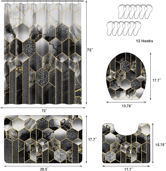 XLHOMO Bathroom Sets with Shower Curtain and Rugs - 4PC Black Geometric Shower Curtain Set with 12 Hooks, Toilet Cover, U-Shaped Mat and Rugs Modern Abstract Bathroom Accessories for Bathroom - ModernBath