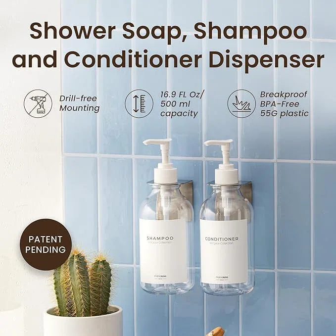 MaisoNovo Shampoo and Conditioner Dispenser - Shower Soap Dispenser Wall Mounted - 16.9 fl oz Set of 2 Clear Plastic Bottles White Pump - Shampoo Dispenser, Shower Dispenser 2 Chamber No Drill - ModernBath