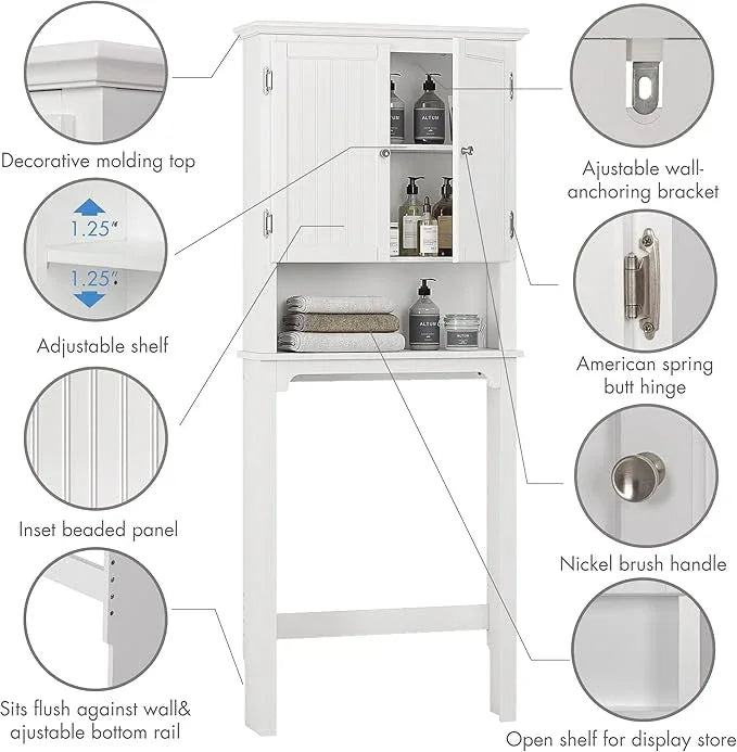 UTEX Over The Toilet Storage Cabinet, Over Toilet Bathroom Organizer with Adjustable Shelves and Double Doors, White - ModernBath