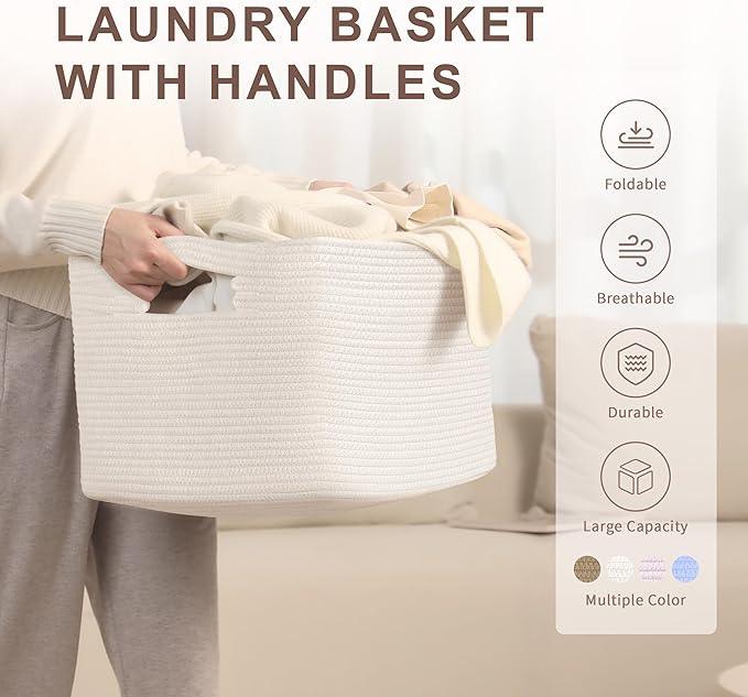 60L Small Baby Girls Laundry Basket for Nursery Storage,Cute Woven cotton Rope Baskets for Kids Toy，Gifts,Boho Square Wicker Blanket hamper for Living Room,Bedroom Dirty Clothes, White - ModernBath