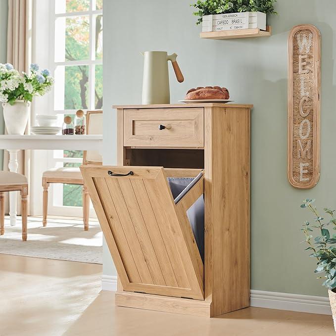 Tilt Out Laundry Hamper Cabinet, 10 Gallon Farmhouse Trash Can Cabinet with Drawer, Hidden Wood Garbage Can Bin Cabinets with Laundry Storage Basket for Bathroom, Kitchen, Natural - ModernBath