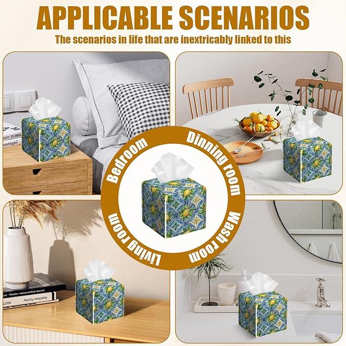 Watercolor Lemon Tissue Box Cover 2PCS, Blue Tile Leather Tissue Box Holder Square Facial Paper Case Tissue Box Cube Organizer for Bathroom Bedroom Desk Office - ModernBath