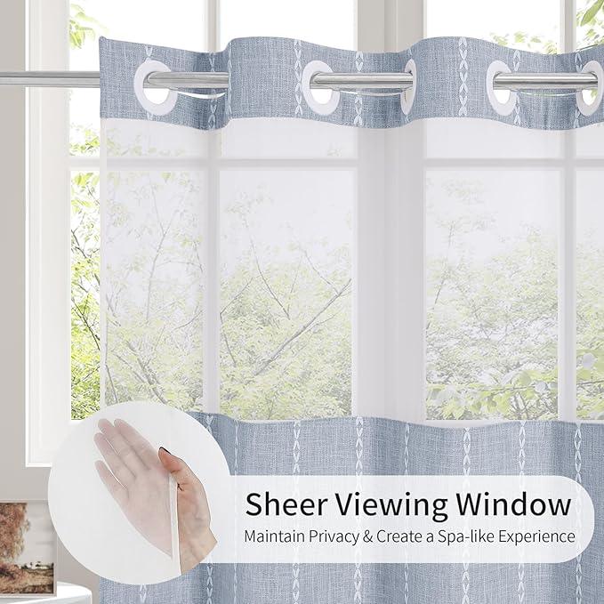 MitoVilla No Hooks Needed Farmhouse Shower Curtain with Snap-in Liner - with Window & Magnets, Boho Cotton Linen Fabric Shower Curtains with Tassels for Rustic Bathroom Decor, Blue, 72 x 74 - ModernBath