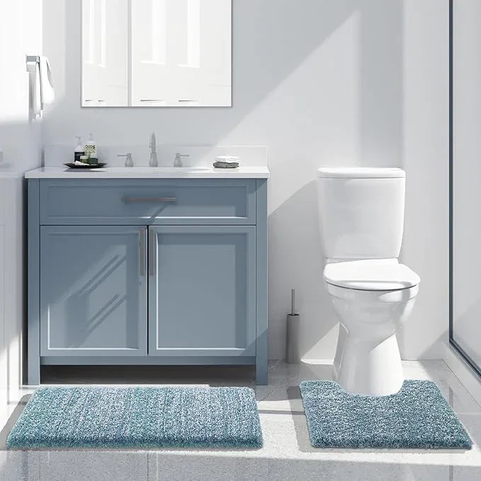 Yimobra Bathroom Rugs Sets 2 Piece, Soft Absorbent Bath Mat and U-Shaped Toilet Rug with Non Slip Backing, Machine Washable, Plush Shaggy Bath Mats for Bathroom, 32"x20"+24"x20", Denim Blue and White - ModernBath