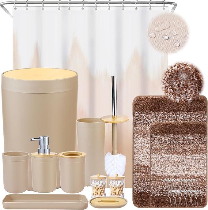 iMucci Bathroom Accessories Beige Bathroom Sets with Shower Curtain and Rug, Beige Ombre Waterproof Shower Curtain with Ultra Absorbent Rug Bathroom Accessories Set for Home Decor - ModernBath