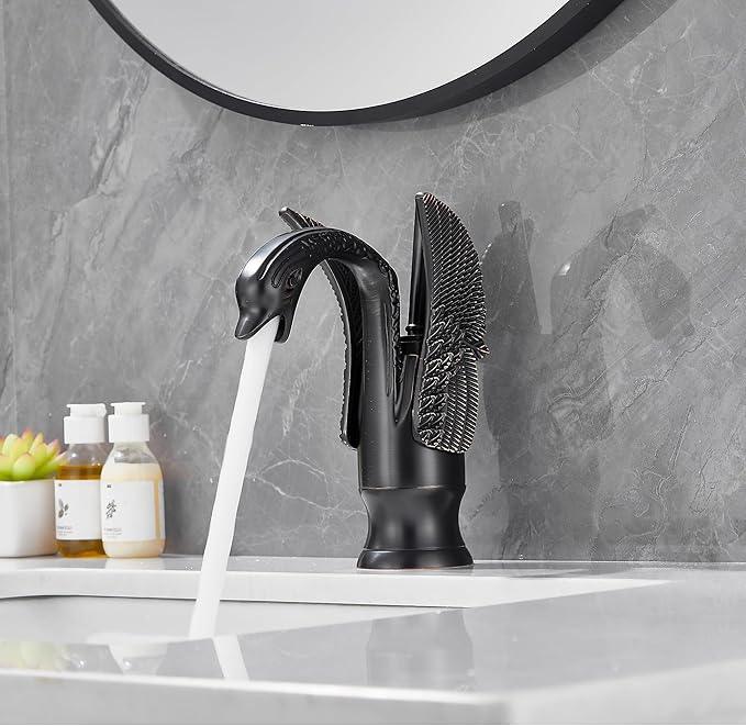 GGStudy Oil Rubbed Bronze Bathroom Faucet Swan Shape Single Handle One Hole Bathroom Vanity Faucet Basin Tap Deck Mount Lavatory - ModernBath