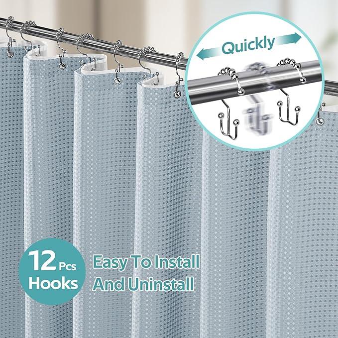 Vipfree 3 in 1 Shower Curtain Set, Waffle Shower Curtain and Liner Set with 12 Double Sided Shower Curtain Hooks, 258GSM Luxury Weighted Cloth Shower Curtains for Bathroom, 72 W x 72 H, Fog Blue - ModernBath