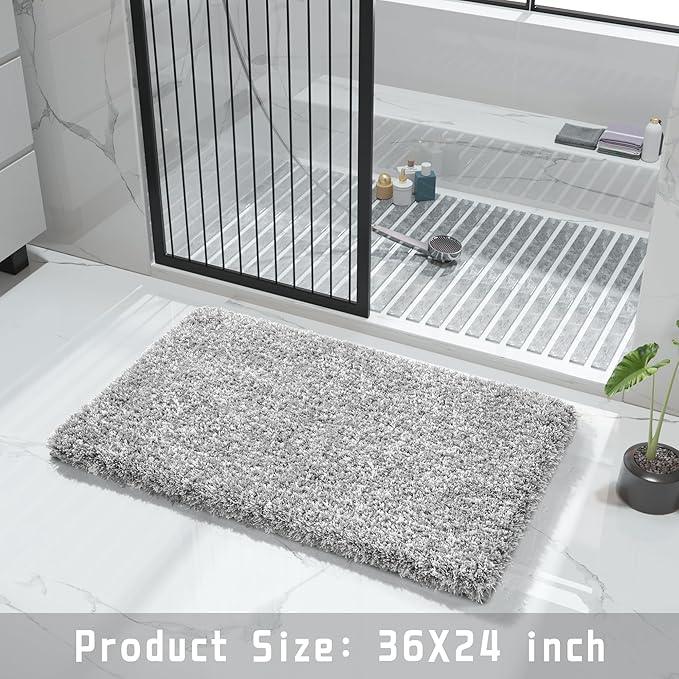 Yimobra Bathroom Rugs Non Slip Washable 36x24, Ultra Soft and Water Absorbent Bath Mats, Plush Fluffy Shower Mat Outside, Luxury Microfiber Thick Matts for Bathroom Floor/Tub, Light Gray and White - ModernBath