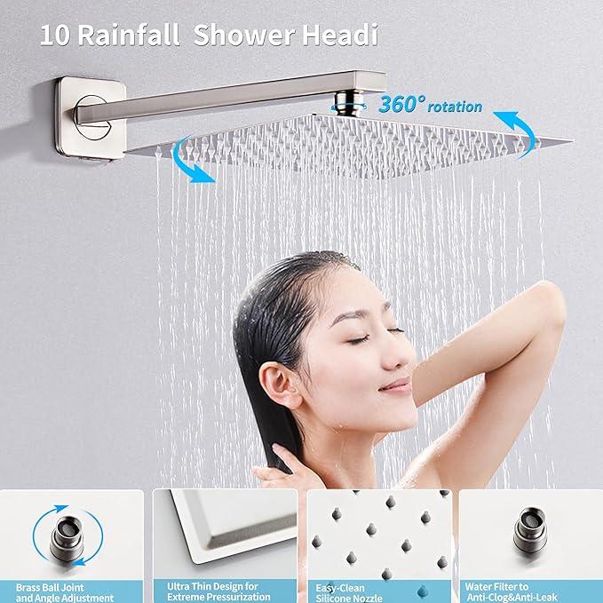 RTTWYYUU Brushed Nickel Rainfall Shower Head, Wall Mounted 12 Inch Shower Heads with Handheld Spray Combo, Luxury Bathroom Square Rain Shower System, Solid Brass Pressure Balancd Shower Faucet Valve - ModernBath
