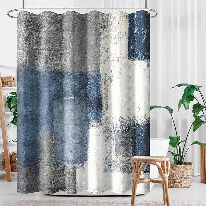 Culudea Navy Blue Grey Painting Shower Curtain Set, Gray Contemporary Modern Abstract Bathroom Window Waterproof Shower Curtain Set for Bathroom Decor - ModernBath