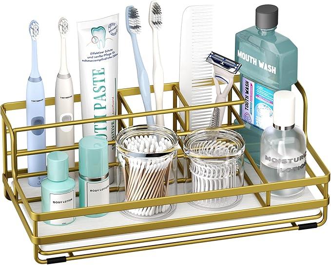 HapiRm Toothbrush Holders for Bathroom - 5 Partitions Bathroom Counter Organizer with Instant Drying Stone, Stainless Steel Countertop Storage Electric Toothbrush Toothpaste Holder - Gold - ModernBath