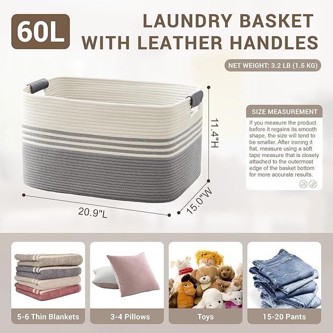 60L Large Laundry Basket with Leather Handles for Living Room Storage, Woven Rope Baskets Bin for Blanket, Kids Toy, Gifts, Wicker Hamper for Bedroom Dirty Clothes, 21"x15"x11" White Grey - ModernBath