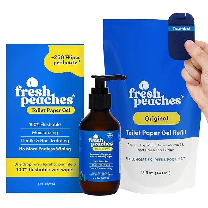 Fresh Peaches Toilet Paper Gel, Wet Wipe Alternative - Flushable, Eco-Friendly Toilet Paper Spray (Blue Pocket, Starter w Pocket and Refill) - ModernBath