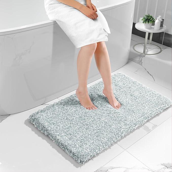 Yimobra Luxury Bathroom Rugs, Fluffy Bath Mats, Non Slip, Water Absorbent Microfiber, Machine Washable, Plush Carpet Shower Rugs, Thick Matts for Bathroom Floor/Tub, 44"x 24", Sky Light Blue and White - ModernBath