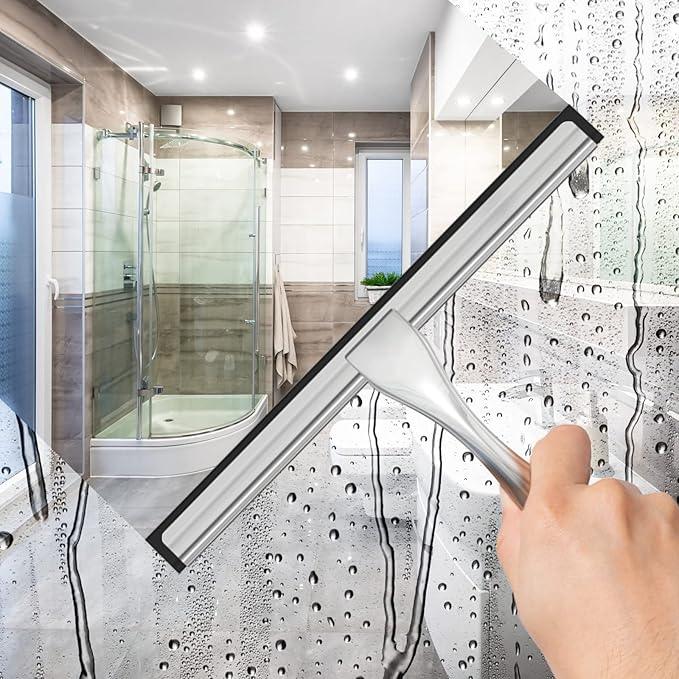 All-Purpose Stainless Steel Shower Squeegee for Shower Glass Door with 2 Adhesive Hooks, Bathroom Cleaner Tool Household Window Mirror Squeegee for Glass Doors, Cleaning Tile Wall, Car, 14 Inch Silver - ModernBath