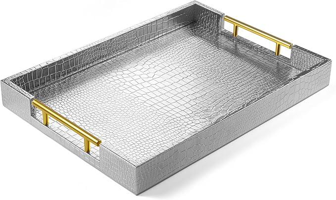 ATZYmolin 17" x 12" Wood Serving Tray with Gold Polished Metal Handles, Home Decorative Wooden Rectangle Ottoman Leather Decor Platter Bathroom Vanity Tray for All Occasions Alligator Silvery - ModernBath