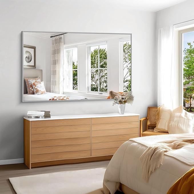 KOCUUY Silver Bathroom Mirror, 60"x36" Large Rectangle Bathroom Mirror for Wall, HD Tempered Glass, Anti-Rust Brushed Silver Frame, Modern Design for Bathroom, Bedroom, Hang Horizontal/Vertical - ModernBath