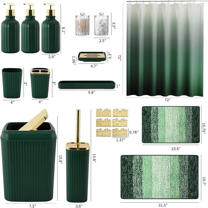 WSBArt 32PCS Bathroom Set Bathroom Sets with Shower Curtain and Rugs Hunter Green Bathroom Accessories,Shower Curtain Set,Bathroom Rug Set with Bathroom Trash Can - ModernBath